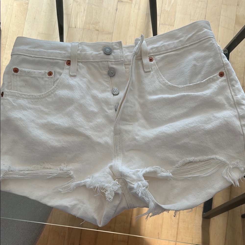 Levi's White High Waist Distressed Shorts